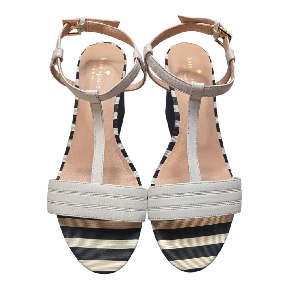 Kate Spade Black and White Wedge Sandals with Ankle Strap Sz 9